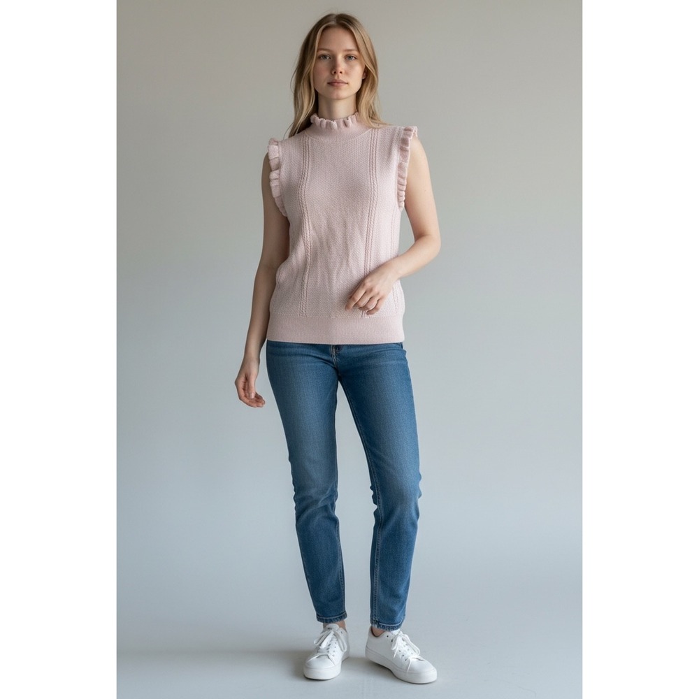Chelsea & Violet Light Pink Metallic Ruffle Neck Sleeveless Cable Knit Sweater L